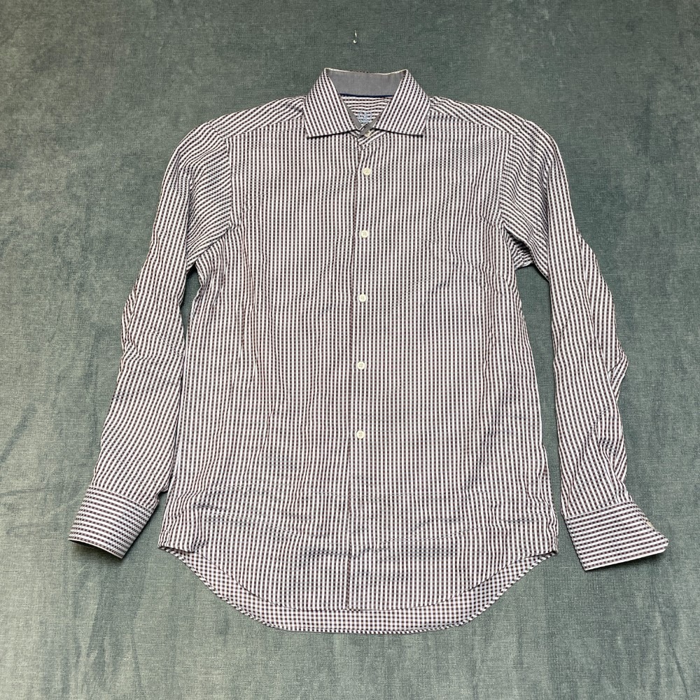 Bugatchi Uomo Dress Shirt Mens 15 Multicolor Check Button Up Round Hem Formal